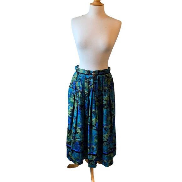 Vintage Alphorn Blue Green Floral Octoberfest Lined Box Pleats Maxi Skirt - Med - Picture 8 of 9